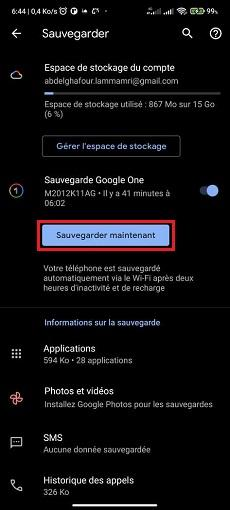 Sauvegarder via compte Google