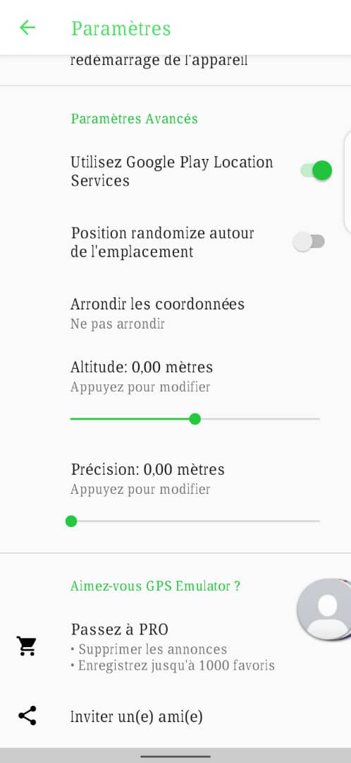 Paramètres GPS Emulator