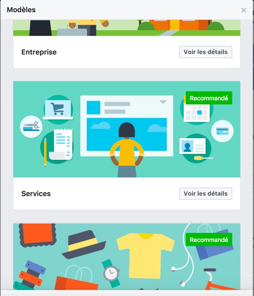 fonctionnalités des pages Facebook : Modèle de page