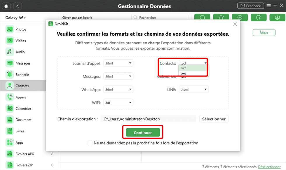 Sélection du format des contacts