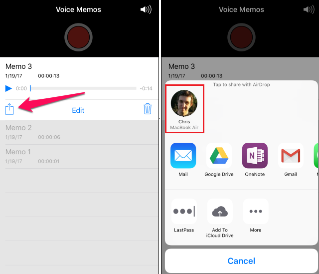 Transfert d'un mémo vocal du dictaphone iPhone vers Mac avec AirDrop