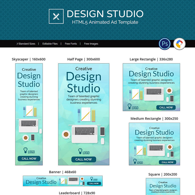 Bannière animée HTML5 pour annonce commerciale de studio de conception