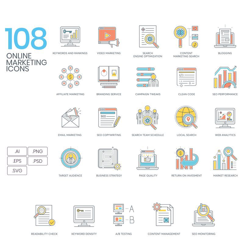 108 Online Marketing Icons - Color Line Series ensemble d'Icônes