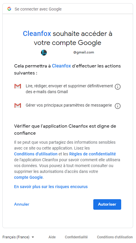 Cleanfox se connecte à GMail