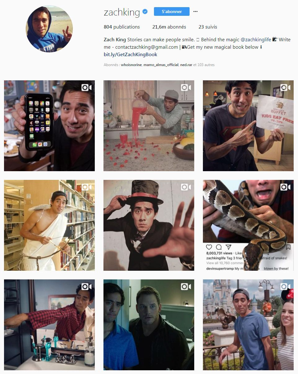 compte Instagram de l'influenceur Zach King