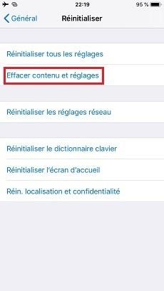 Effacer contenu et réglages iPhone