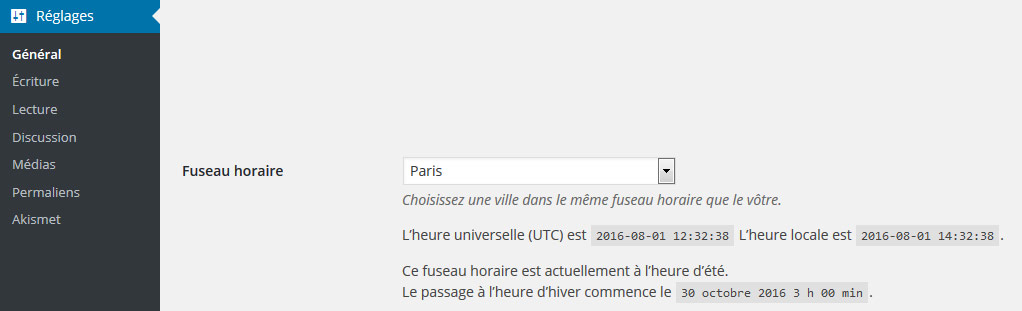 Régler le fuseau horaire WordPress