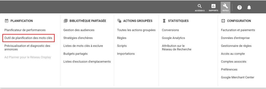 Planificateur de mots-clés Google Ads