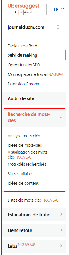 Menu Ubersuggest : Outil SEO