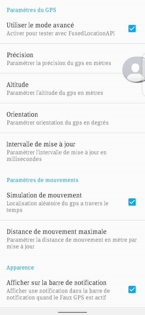 Paramètres du GPS