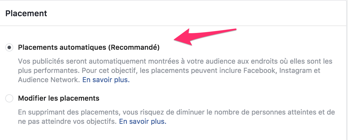 Positionnement des publicités Facebook