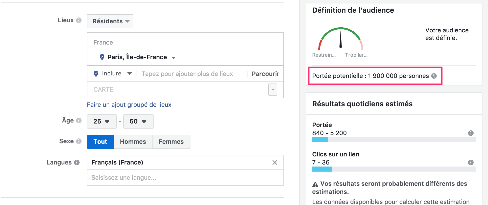 Set the audience in the Facebook ad manager