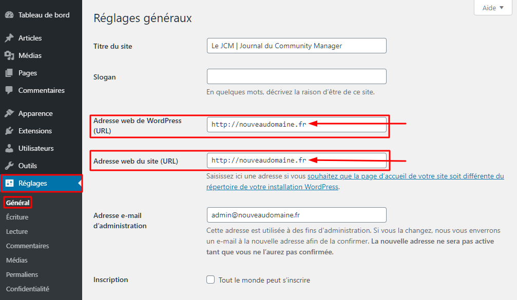 Changer l'URL du site web à partir de votre tableau de bord WordPress