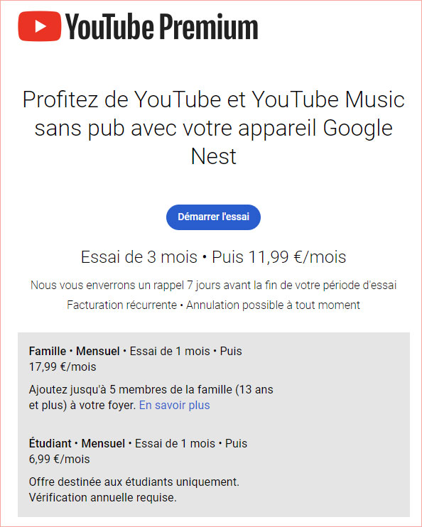 YouTube Premium tarifs