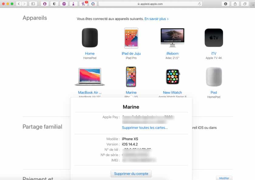 Supprimer un iPhone du compte Apple