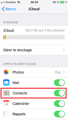 Activer synchronisation contacts iCloud
