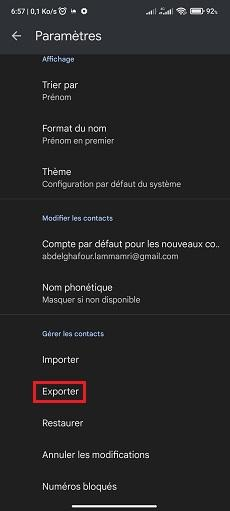 Exportation des contacts