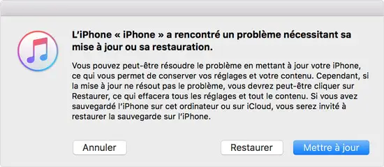 Message d’erreur d’iTunes invitant à mettre à jour ou restaurer l’iPhone