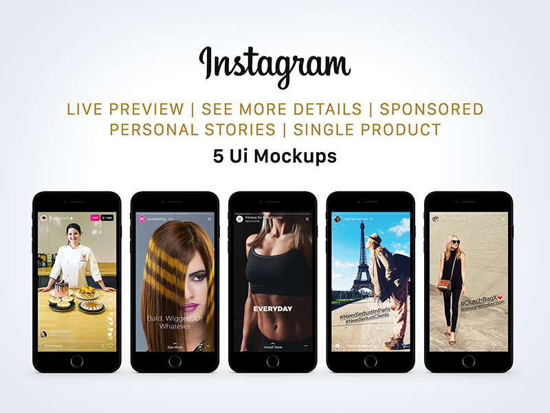 UI maquette PSD - Histoires Instagram sponsorisées, en direct et de statut