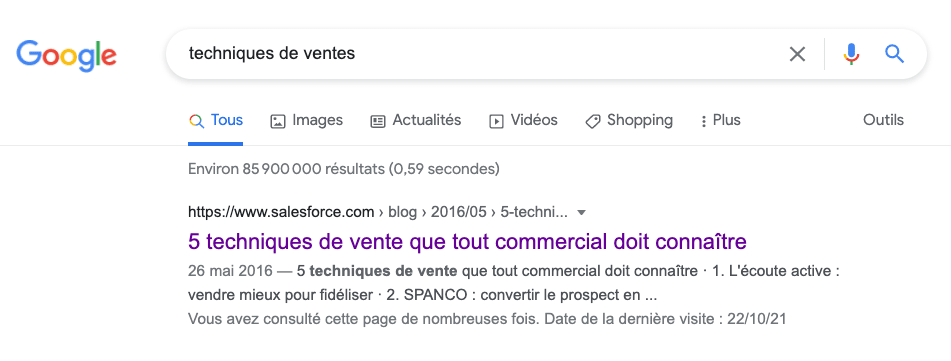 page positionnée sur Google