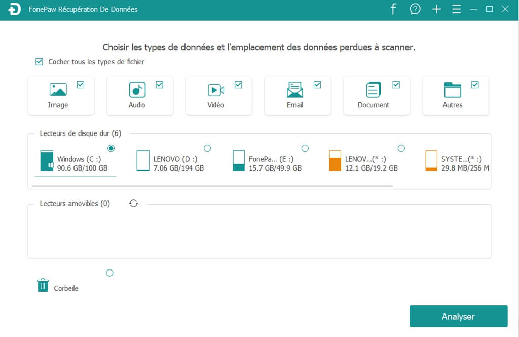 Choisissez les types de données à récupérer et le support de stockage