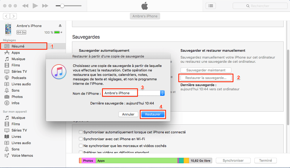 Restauration de sauvegarde iPhone sur iTunes