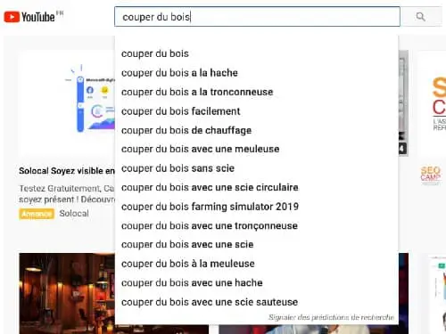 mot-clé « couper du bois » dans le moteur de recherche YouTube