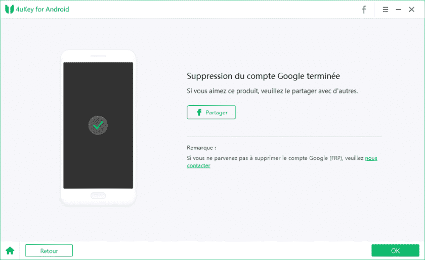 Tenorshare 4uKey pour Android : Suppression compte Google terminée