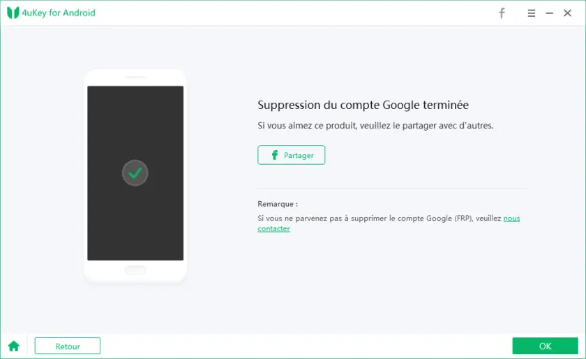 Tenorshare 4uKey pour Android : Suppression compte Google terminée